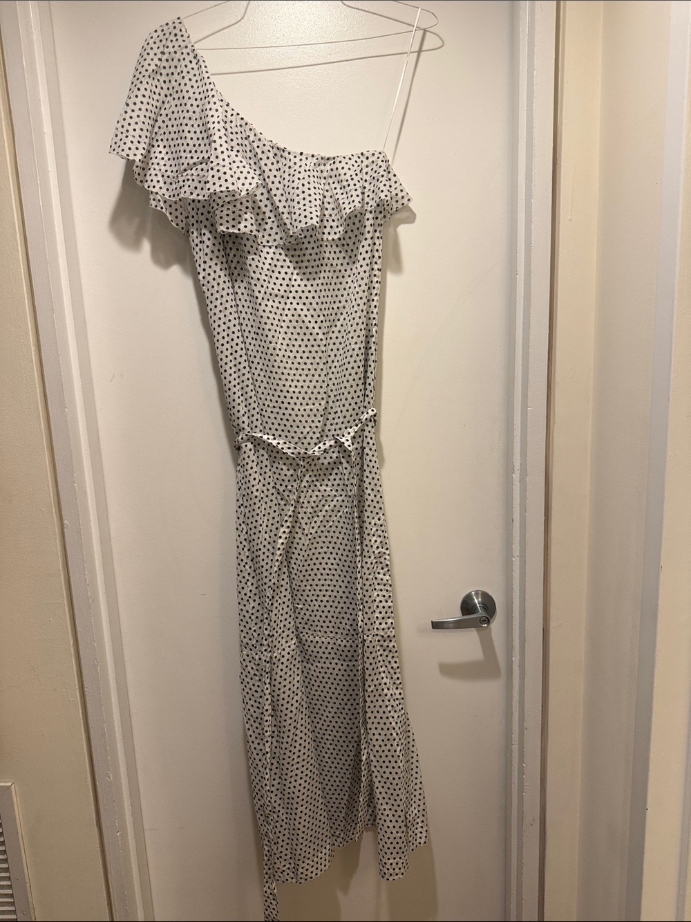Lisa Marie Fernandez White One-Shoulder Polka Dot Ruffle Maxi Dress